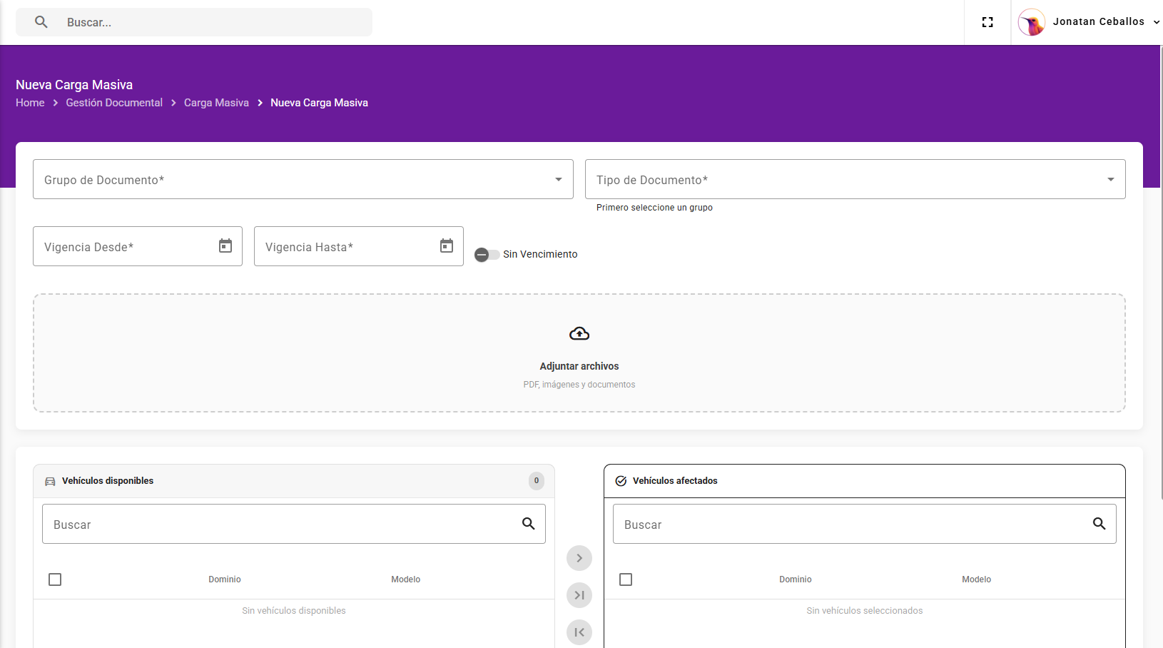 Vista del módulo Gestión de flota
