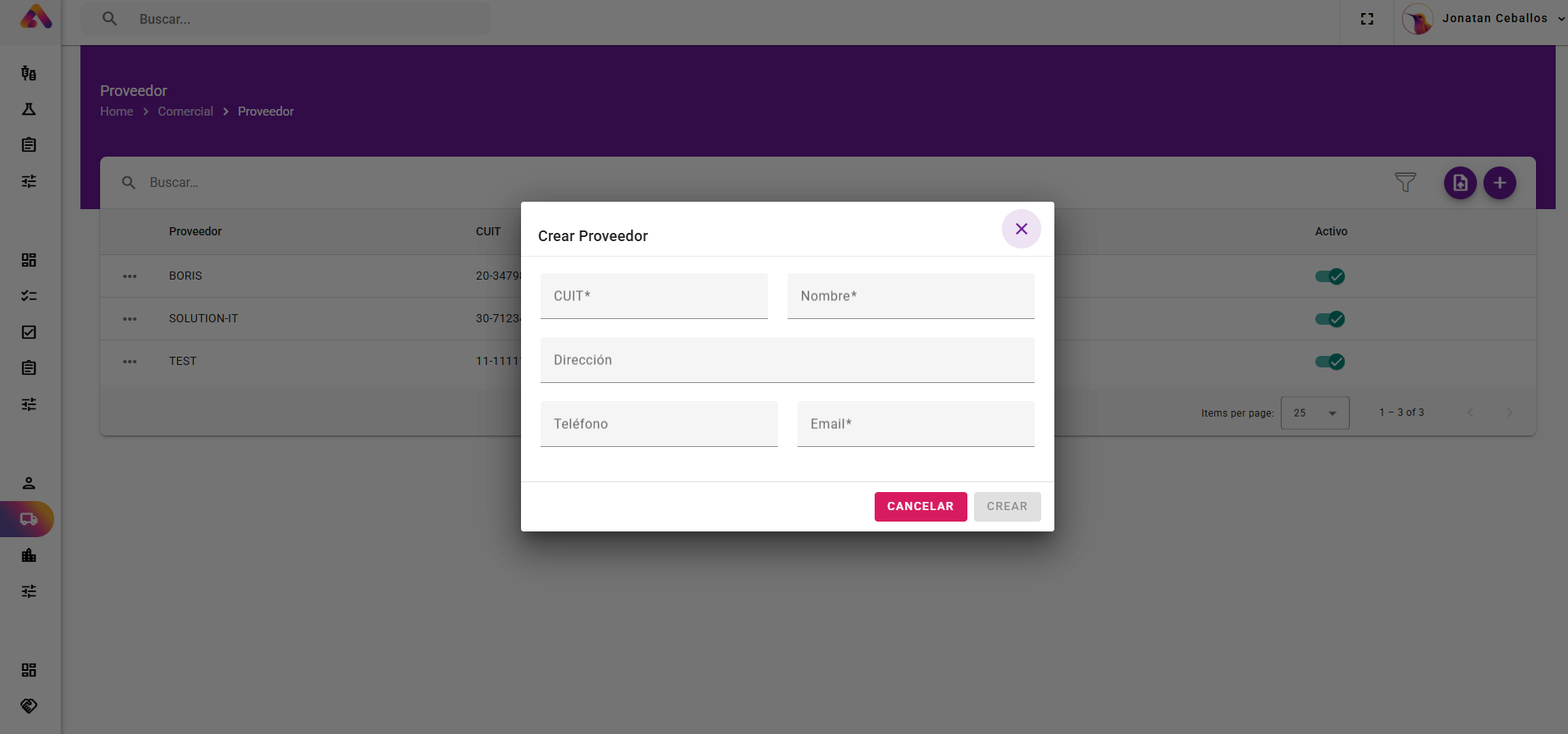 Vista del módulo Comercial